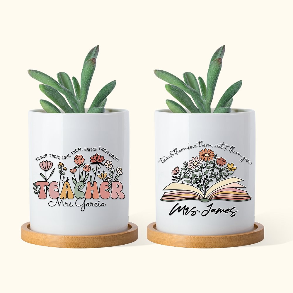 Pot de fleurs sauvages en céramique personnalisé avec plateau en bambou Cadeau de rentrée pour professeur
