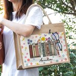 Personalized Wildflowers Book Design Jute Tote Bag with Name and Book Title Back to School Birthday Gift for Teacher Reading Lover