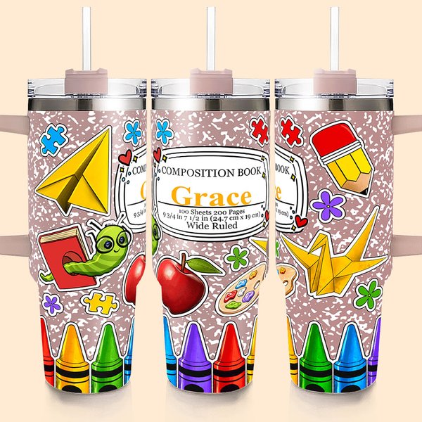 Libro di composizione colorato personalizzato Pastello a mela 40 oz Tumbler isolato con nome e cannuccia Regalo di apprezzamento per la scuola per l'i