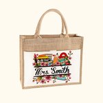 Personalized Pencil Peach Blossom Name Jute Tote Bag with Front Pocket Teacher's Day Appreciation Gift for Teacher