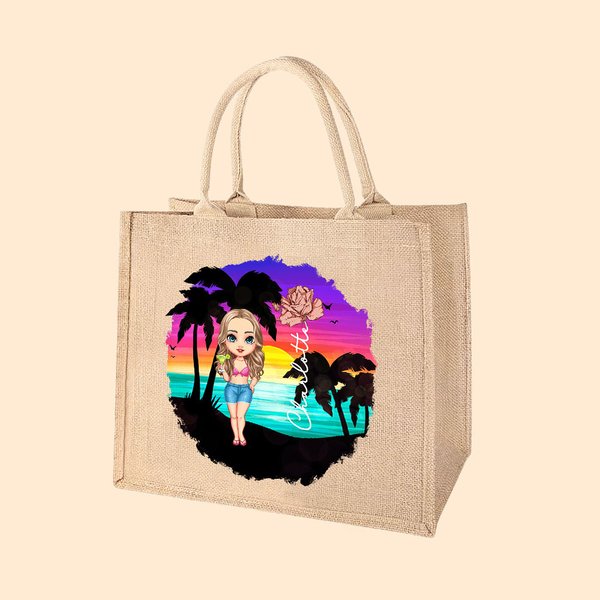 Personalized Cute Cartoon Birth Flower Bouquet Jute Tote Bag with Name Wedding Bride Party Gift for Women