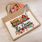 Personalized Pencil Peach Blossom Name Jute Tote Bag with Front Pocket Teacher's Day Appreciation Gift for Teacher