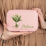 Personalized Birth Flower Bouquet Portable Leather Jewellery Case with Name Travel Essentials Birthday Wedding Bachelorette Party Gift for Her