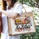 Personalized Pencil Peach Blossom Name Jute Tote Bag with Front Pocket Teacher's Day Appreciation Gift for Teacher