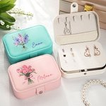 Personalized Birth Flower Bouquet Portable Leather Jewellery Case with Name Travel Essentials Birthday Wedding Bachelorette Party Gift for Her