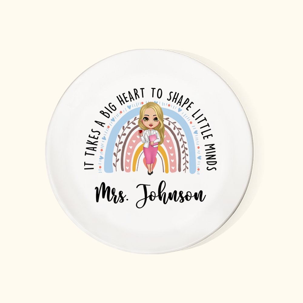 Plateau en Céramique Personnalisé avec Nom et Image de Professeur Design de Coeur et d'Arc-en-ciel Cadeau de Retour à l'École pour Enseignant