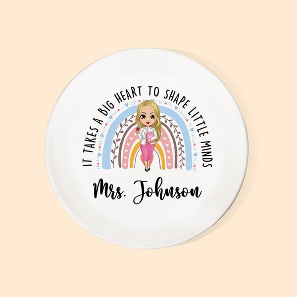 Personalized Big Heart Shape Little Minds Rainbow Cartoon Ceramic Ring Dish Jewelry Tray with Name Appreciation Back to School Gift for Teacher