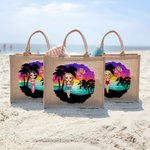 Sac en Toile de Jute Personnalisé avec Nom Fleur de Naissance Dessin de Fille sur Plage Cadeau Mariage Fête pour les Femmes