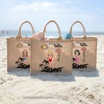 Personalizzato Hello Cute Cartoon Character Birth Flower Jute Tote Bag con nome Wedding Bride Party Summer Vacation Gift for Women