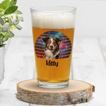 Personalized Retro Sunset Rainbow Star Floral Pet Photo 16oz Beer Glass with Name Christmas Birthday Gift for Men Women Pet Lovers