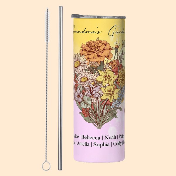 Gepersonaliseerde Geboortebloem Boeket 20oz Food-grade Roestvrij staal Skinny Tumbler met titel en namen Moederdag Verjaardagscadeau voor oma Moeder