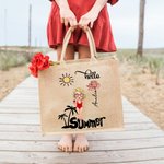 Personalizzato Hello Cute Cartoon Character Birth Flower Jute Tote Bag con nome Wedding Bride Party Summer Vacation Gift for Women