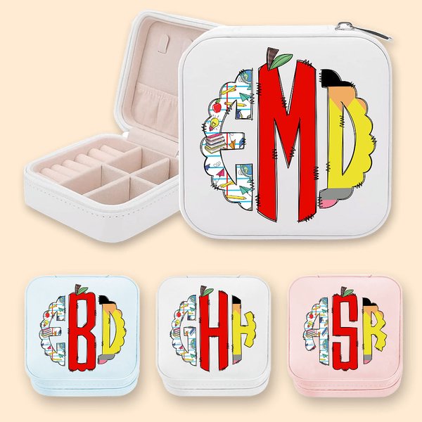 Personalized Doodle Monogram Leather Jewelry Case Portable Travel Essentials Teacher's Day Appreciation Gift for Teacher