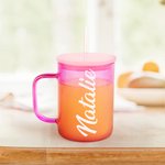 Tazza di vetro olografica personalizzata multicolore con nome, cannuccia e coperchio Regalo di compleanno per il tempo libero per lui e per lei