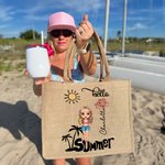 Personalizzato Hello Cute Cartoon Character Birth Flower Jute Tote Bag con nome Wedding Bride Party Summer Vacation Gift for Women