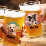 Personalized Retro Sunset Rainbow Star Floral Pet Photo 16oz Beer Glass with Name Christmas Birthday Gift for Men Women Pet Lovers