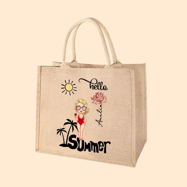 Personalisierte niedliche Cartoon-Charakter Jute Tasche mit Hello Summer Geburtsblume und Namen Tote Bag Hochzeit Braut Party Sommer Urlaub Geschenk