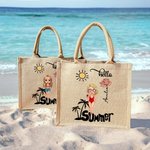 Personalizzato Hello Cute Cartoon Character Birth Flower Jute Tote Bag con nome Wedding Bride Party Summer Vacation Gift for Women
