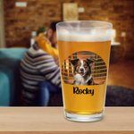 Personalized Retro Sunset Rainbow Star Floral Pet Photo 16oz Beer Glass with Name Christmas Birthday Gift for Men Women Pet Lovers