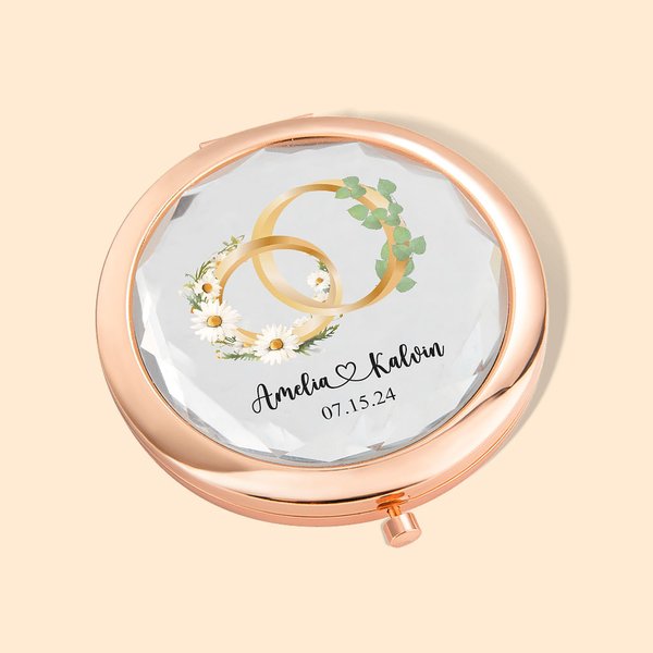 Miroir de Maquillage Compact Personnalisé avec Nom Date Fleur et Feuille de Naissance Cadeau de Mariage pour Femmes Mariée