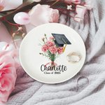 Personalised Birth Flower Bouquet Graduation Cap Ceramic Jewellery Dish with Name and Year Graduation Gift for Her