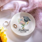 Personalised Birth Flower Bouquet Graduation Cap Ceramic Jewellery Dish with Name and Year Graduation Gift for Her