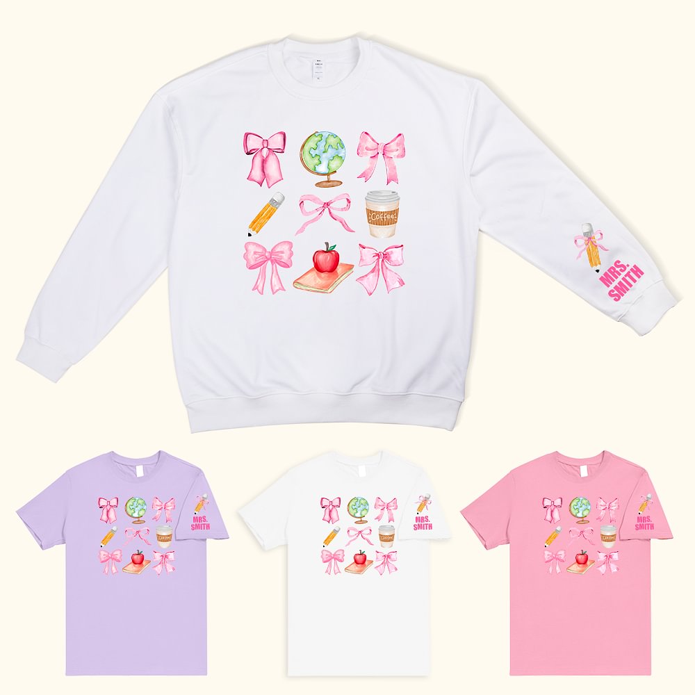 T-shirt Sweatshirt Multicolore Personnalisé avec Nom Motif Noeud de Papillon Crayon Pomme Cadeau Remerciement Rentrée Scolaire pour Enseignant