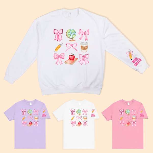 Coquette Personalizado Lápiz de lazo Manzana Globo Camiseta Sudadera con Nombre Multicolor Disponible Regalo de Vuelta al Cole para el Maestro