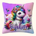 Personalizzato Rainbow Butterfly Floral Fantasy Baby Unicorn Throw Pillow Cover con nome Compleanno Regalo per bambini amanti degli unicorni