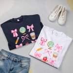 Personalised Coquette Bow Pencil Apple Globe T-shirt Sweatshirt with Name Multicolor Available Back to School Appreciation Gift for Teacher