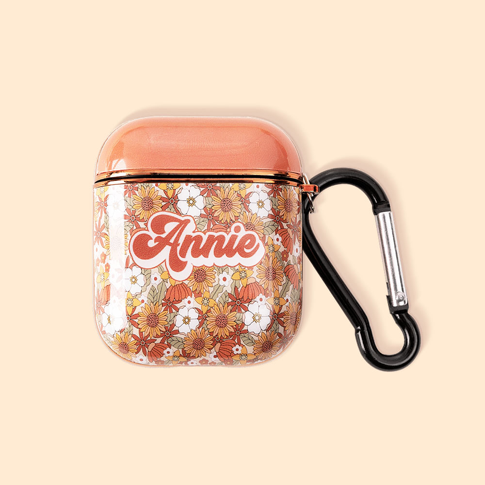Etui AirPods avec Crochet Personnalisé avec Nom Fleurs Esthétique Style Bohème Cadeau d'Anniversaire pour Filles