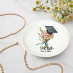 Personalised Birth Flower Bouquet Graduation Cap Ceramic Jewellery Dish with Name and Year Graduation Gift for Her