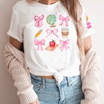 Personalised Coquette Bow Pencil Apple Globe T-shirt Sweatshirt with Name Multicolor Available Back to School Appreciation Gift for Teacher