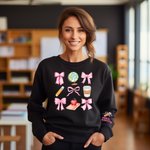 Personalised Coquette Bow Pencil Apple Globe T-shirt Sweatshirt with Name Multicolor Available Back to School Appreciation Gift for Teacher