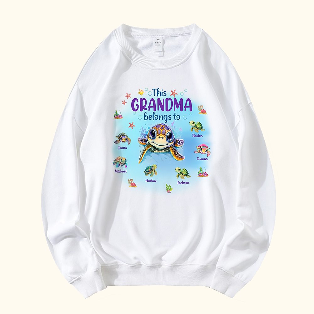 Sweatshirt Personnalisé avec Nom de Tortues et Titre This Grandma Mom Belongs To Cadeau d'Anniversaire pour la Maman d'Enfants