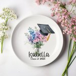 Personalised Birth Flower Bouquet Graduation Cap Ceramic Jewellery Dish with Name and Year Graduation Gift for Her