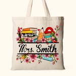 Personalized Books Ruler Pencil Flower Reusable Canvas Tote Bag with Name Back to School Appreciation Gift for Teacher