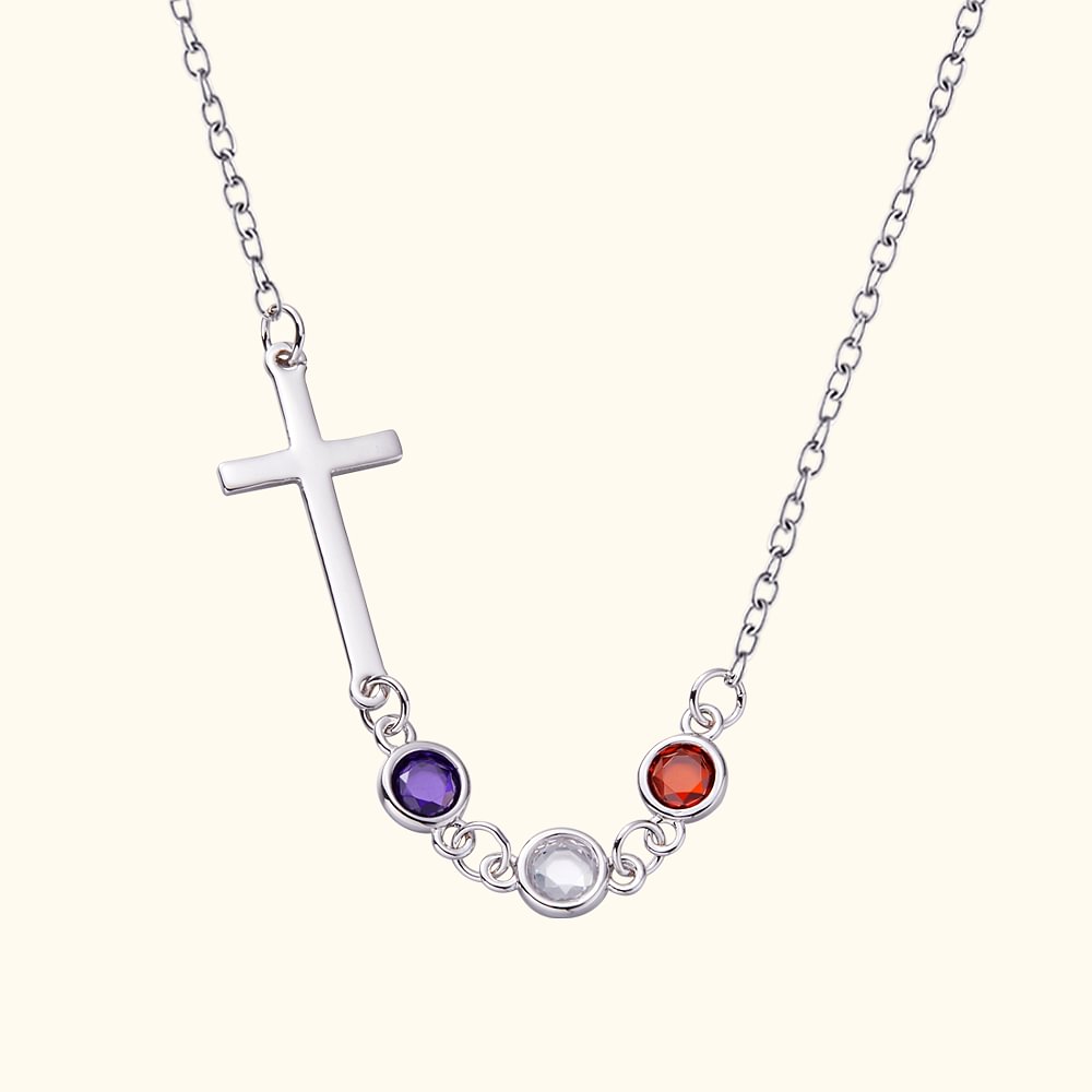 Collier de Croix Personnalisé avec 1-10 Pierres de Naissance Cadeau Familial Anniversaire Fête des Mères pour Femme