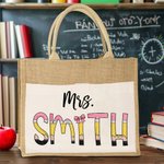 Personalised Cute Pencil-inspired Letters Large Capacity Jute Tote Bag with Name and Canvas Pocket Back to School Appreciation Gift for Teacher