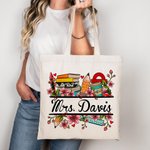 Personalized Books Ruler Pencil Flower Reusable Canvas Tote Bag with Name Back to School Appreciation Gift for Teacher