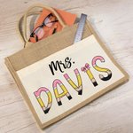 Personalised Cute Pencil-inspired Letters Large Capacity Jute Tote Bag with Name and Canvas Pocket Back to School Appreciation Gift for Teacher