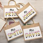 Personalised Cute Pencil-inspired Letters Large Capacity Jute Tote Bag with Name and Canvas Pocket Back to School Appreciation Gift for Teacher