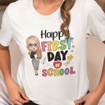 Personalized Happy First Day of School Colourful Letter Cartoon 100% Cotton Unisex T-shirt with Name Back to School Appreciation Gift for Teacher