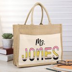 Personalised Cute Pencil-inspired Letters Large Capacity Jute Tote Bag with Name and Canvas Pocket Back to School Appreciation Gift for Teacher