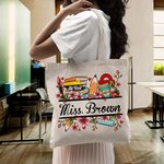 Personalized Books Ruler Pencil Flower Reusable Canvas Tote Bag with Name Back to School Appreciation Gift for Teacher