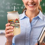 Personalized School Supplies Elements Name Frosted Glass Tumbler with Bamboo Lid and Straw Appreciation Teacher's Day Gift for Teacher