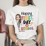 Personalized Happy First Day of School Colourful Letter Cartoon 100% Cotton Unisex T-shirt with Name Back to School Appreciation Gift for Teacher
