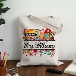 Personalized Books Ruler Pencil Flower Reusable Canvas Tote Bag with Name Back to School Appreciation Gift for Teacher