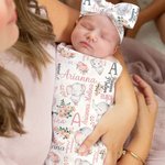 Personalizzato Fiori Elefanti Carino Baby Fascia Swaddle Set con Nome Compleanno Baby Shower Regalo per Baby Girl Boy