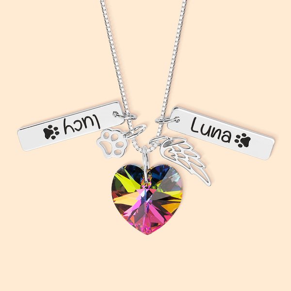 Personalised Engraved Rainbow Bridge Heart Paw Wing 1-3 Names Necklace Decorated with Crystals Sympathy Memorial Gift for Pet Lovers
